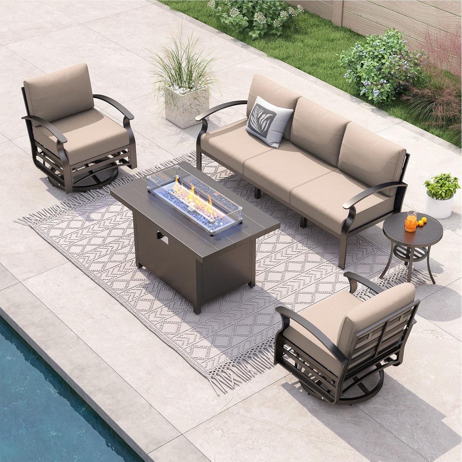 Outdoor Furniture Fire Pit - 5-seat Aluminum Patio Sectional Sofa Set
