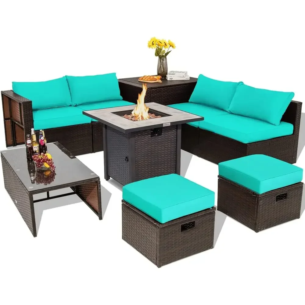 Outdoor Furniture Fire Pit - 9-Piece Outdoor Patio Furniture Set with