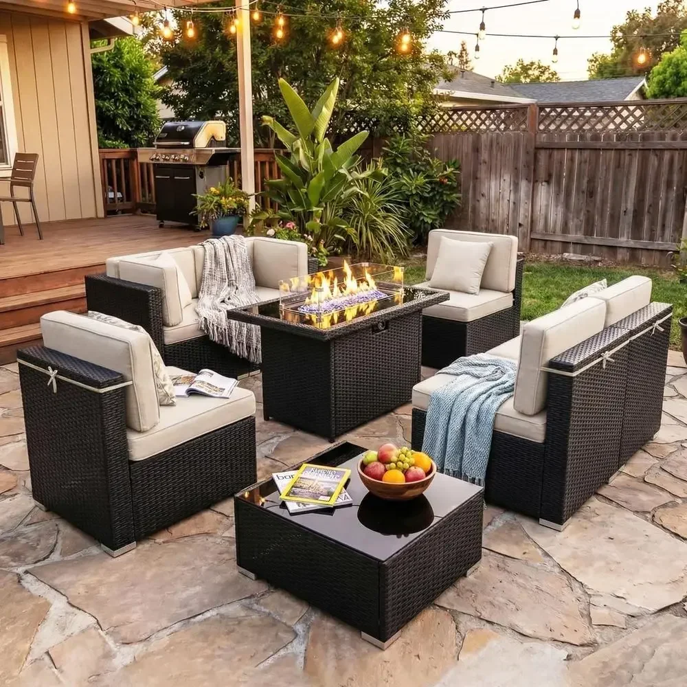 Outdoor Furniture Fire Pit - 8-Piece Outdoor Patio Furniture Set with