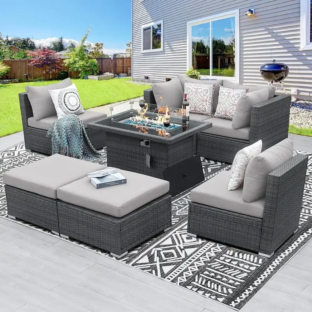 Outdoor Furniture Fire Pit - 6-Person Weather-Resistant Outdoor Sectional Set with